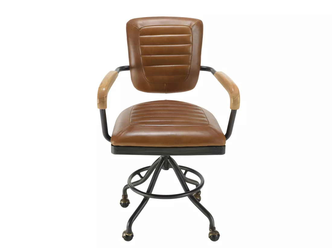 GASTON - Fauteuil DESK vintage cuir marron et métal noir à roulettes accoudoirs en bois