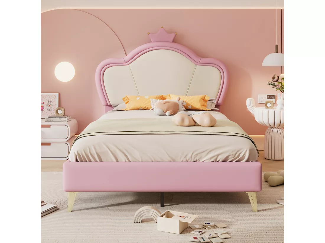 Lit enfant 90x200cm en similicuir - design unique - Rose & Blanc