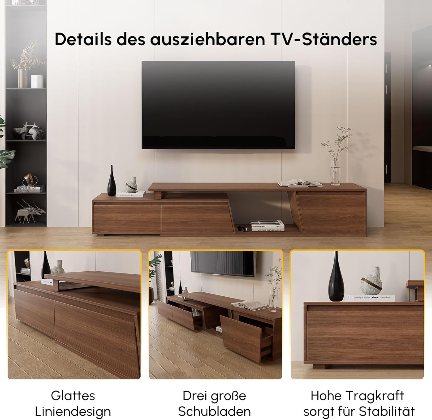 Homary Ausziehbares TV Schrank 180 cm - 280 cm Lang, TV Lowboard Walnuss TV Möbel mit 3 Schubladen, TV-Board für Fernseher bis zu 120 Zoll, Walnuss Moderner Fernsehtisch mit Stauraum für Wohnzimmer