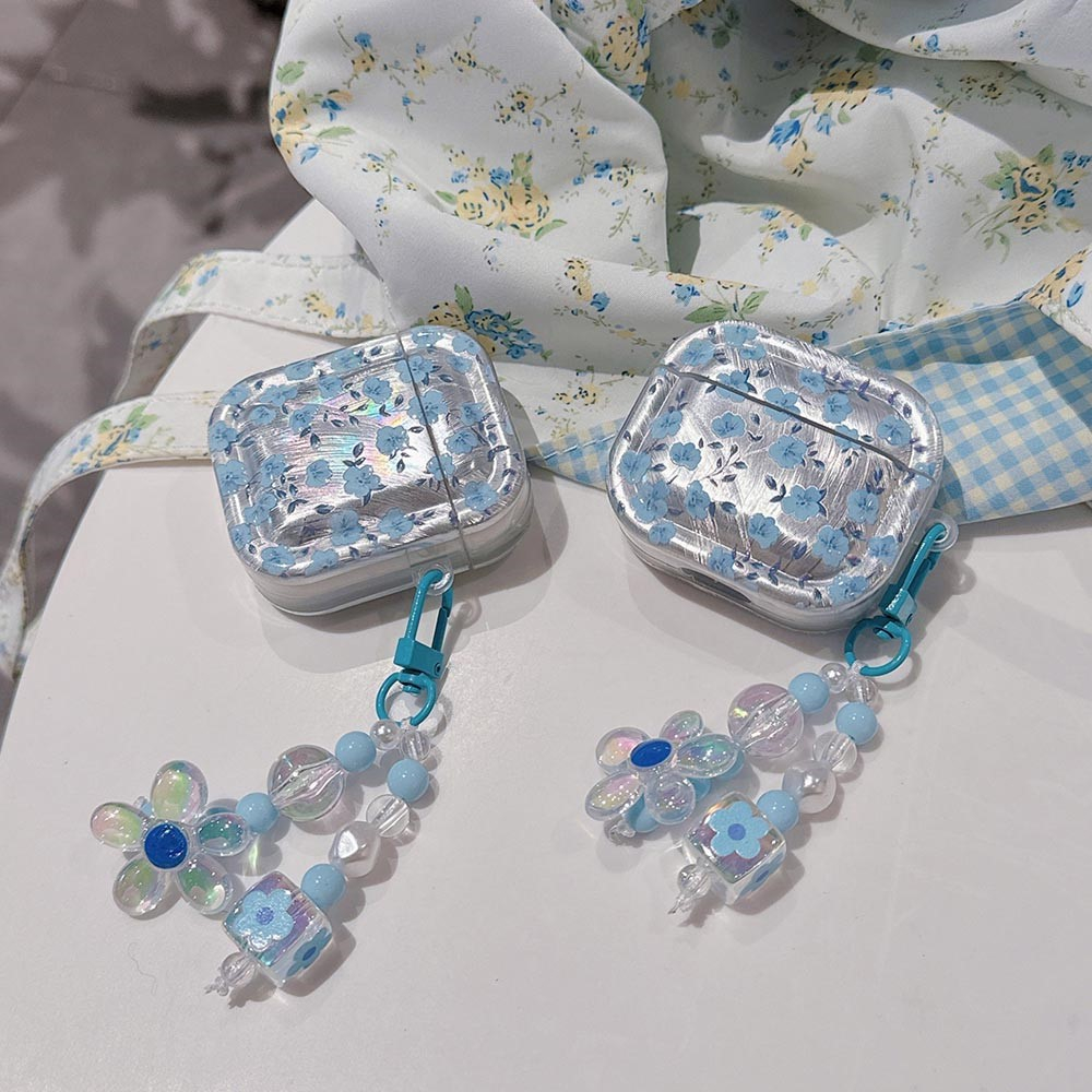 AirPods (3. Generation) Gummi Case Schutzhülle mit Handschlaufe Blumen Design - Blau / Transparent