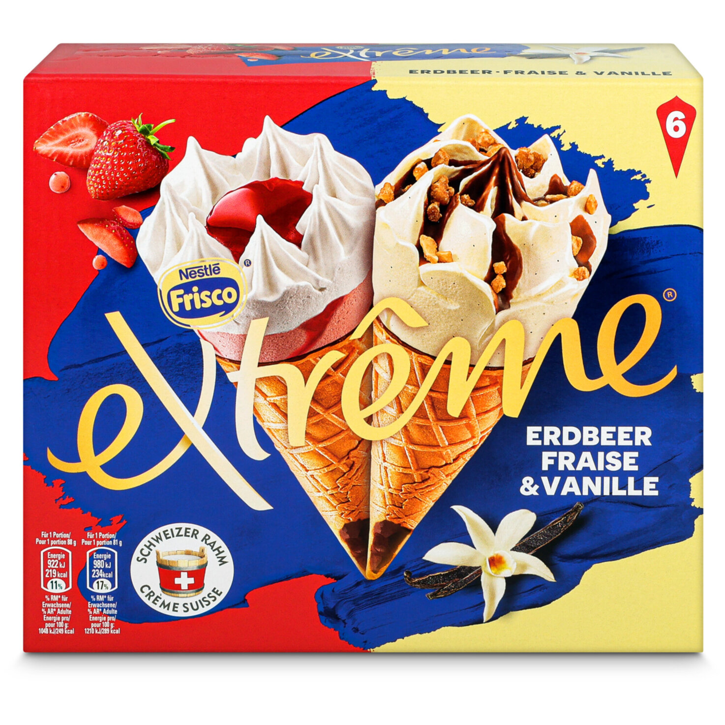 Frisco Extrême Cornets Erdbeer & Vanille assortiert 6 Stück