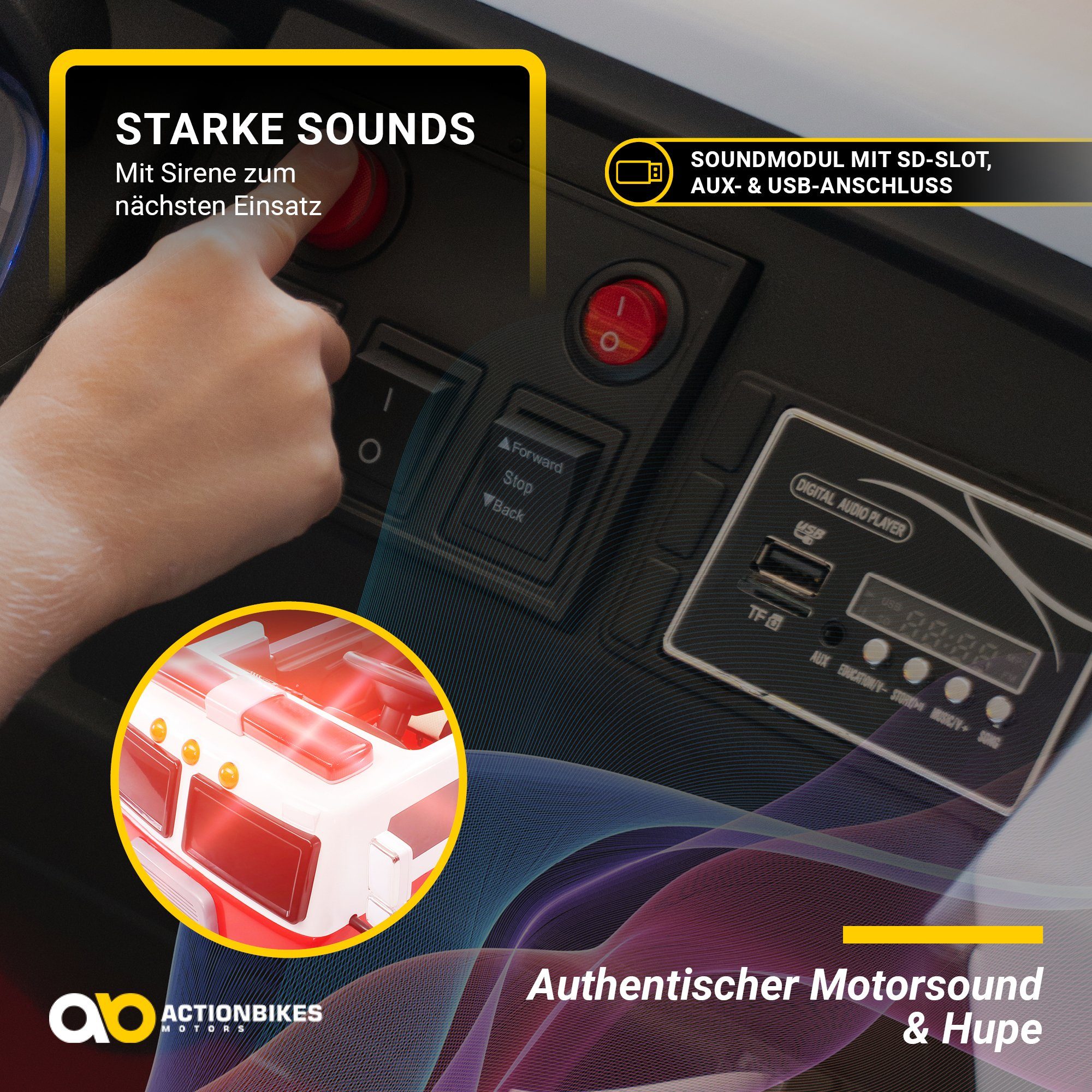 Carrinho elétrico infantil Actionbikes Motors, modelo LL911, estilo bombeiro, com controle remoto, seringa e sirene, capacidade de carga de 40 kg (2 peças), brinquedo infantil de dois lugares a partir de 3 anos de idade.