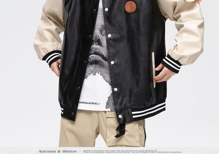 Stone Leo - Baseballjack met applicatie en knopen van imitatieleer