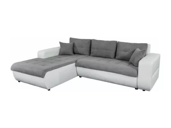 Canapé d'Angle Gauche 4 places Suzie Convertible en Simili et Microfibre - Blanc et Gris - L246 x 188 x 80cm - Loungitude