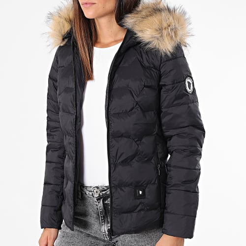 Doudoune Chauffante Capuche Fourrure Femme Val Thorens Noir Beige
