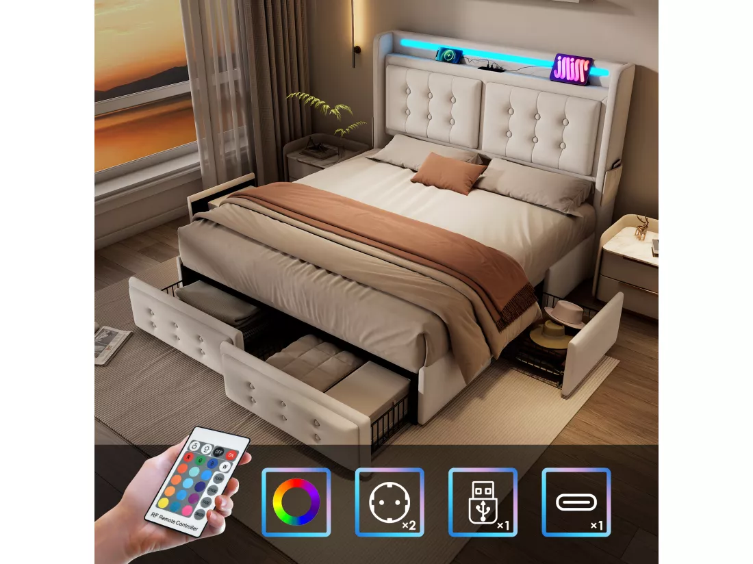 Lit capitonné 140 x 200 cm avec 4 tiroirs, tête de lit LED, prise USB Type-C - Tissu en coton - Beige (sans matelas)