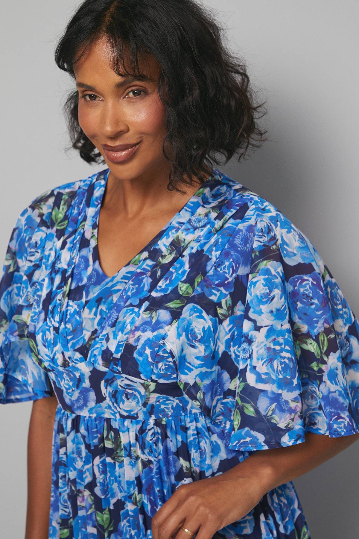 Wallis Robe Midi à Imprimé Floral avec Manches Cape Plissées