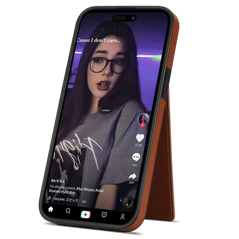 iPhone 14 Hybrid Leder Hardcase Hülle mit Kartenfächer mit Aufsteller (RFID Schutz) - Braun