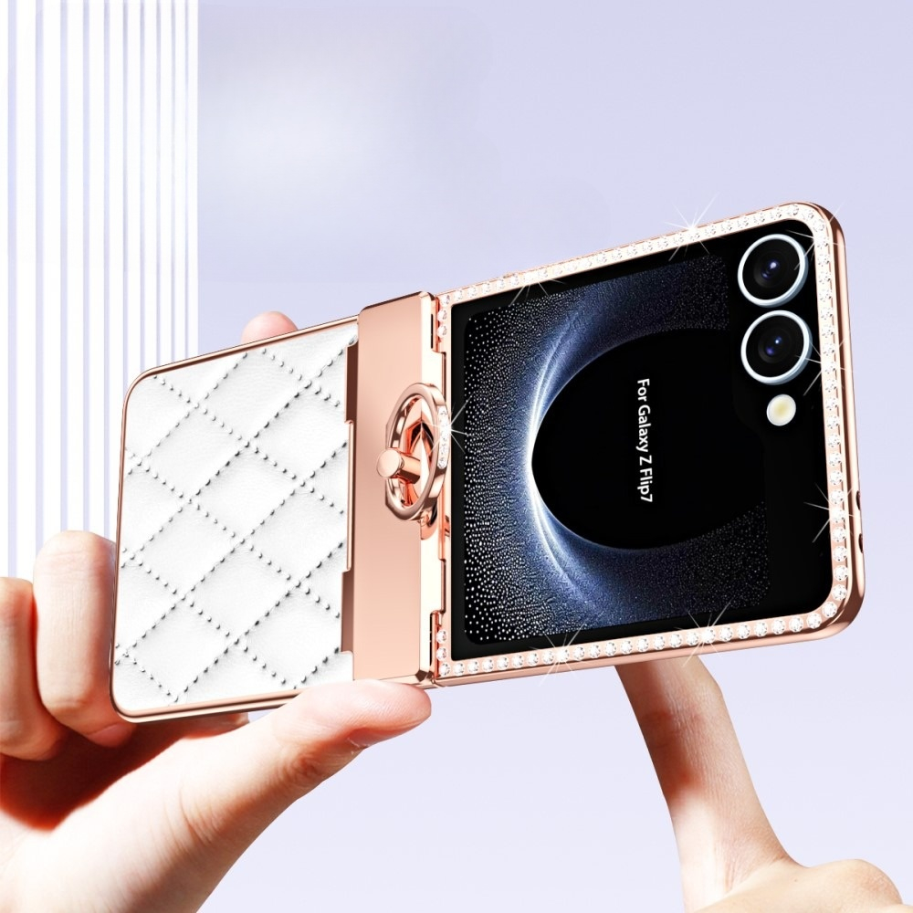 Samsung Galaxy Z Flip7 Hardcase Hülle Finger Griff Ring Halterung Glitzer Design   Scharnier Design - Weiss / Roségold