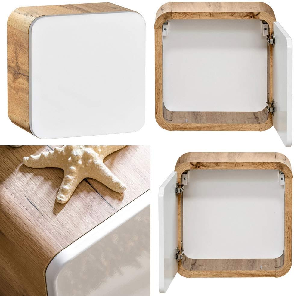 Lomadox Badezimmermöbel Set 80 cm Waschtisch & LED-Spiegelschrank, Hochglanz weiß Wotan Eiche Nb., Hochschrank, 3 Hängeschränke
