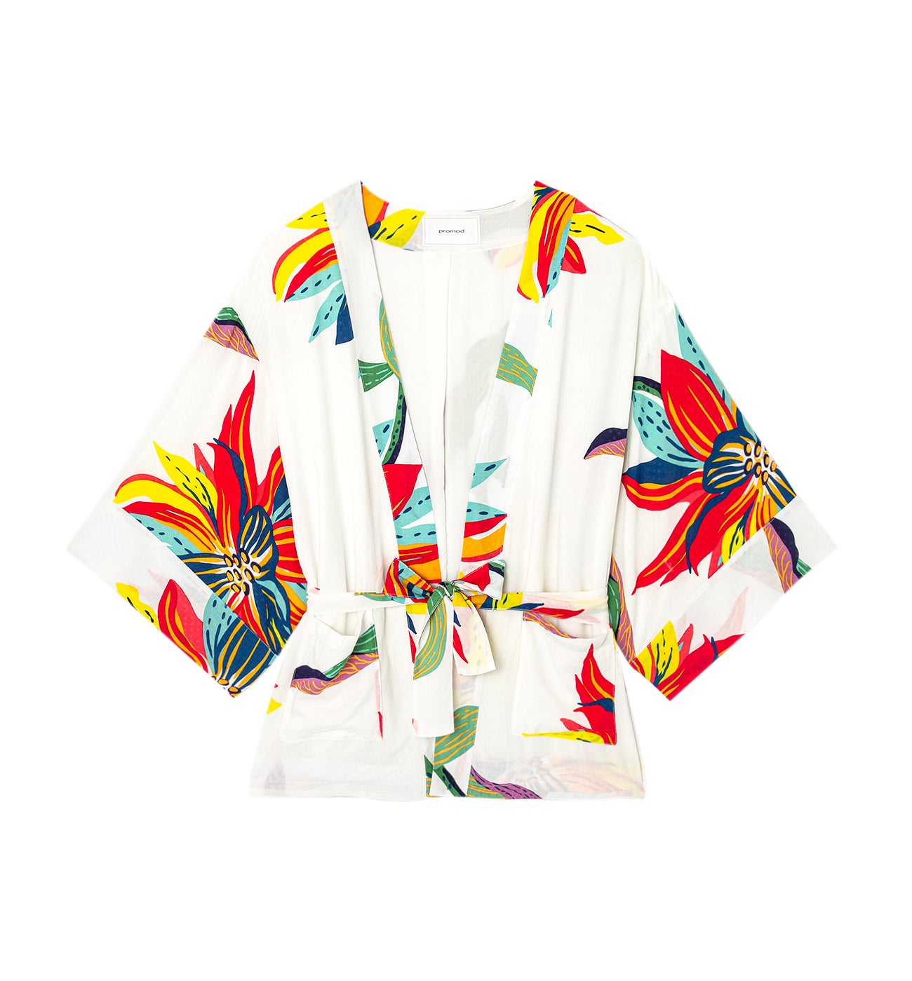 Veste kimono en satin Femme - Imprimé écru