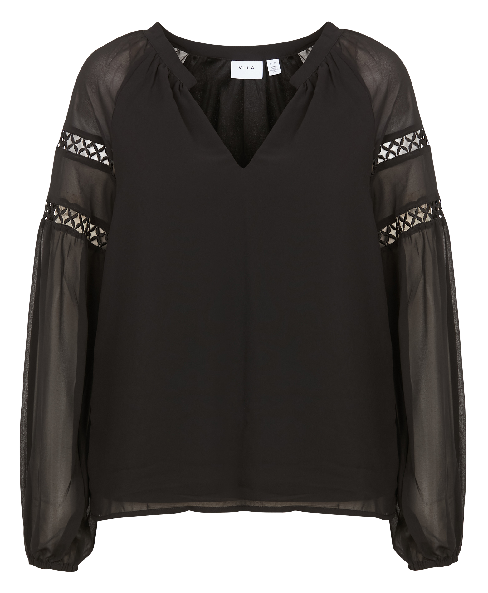 URA - Blouse col V manches longues | Noir