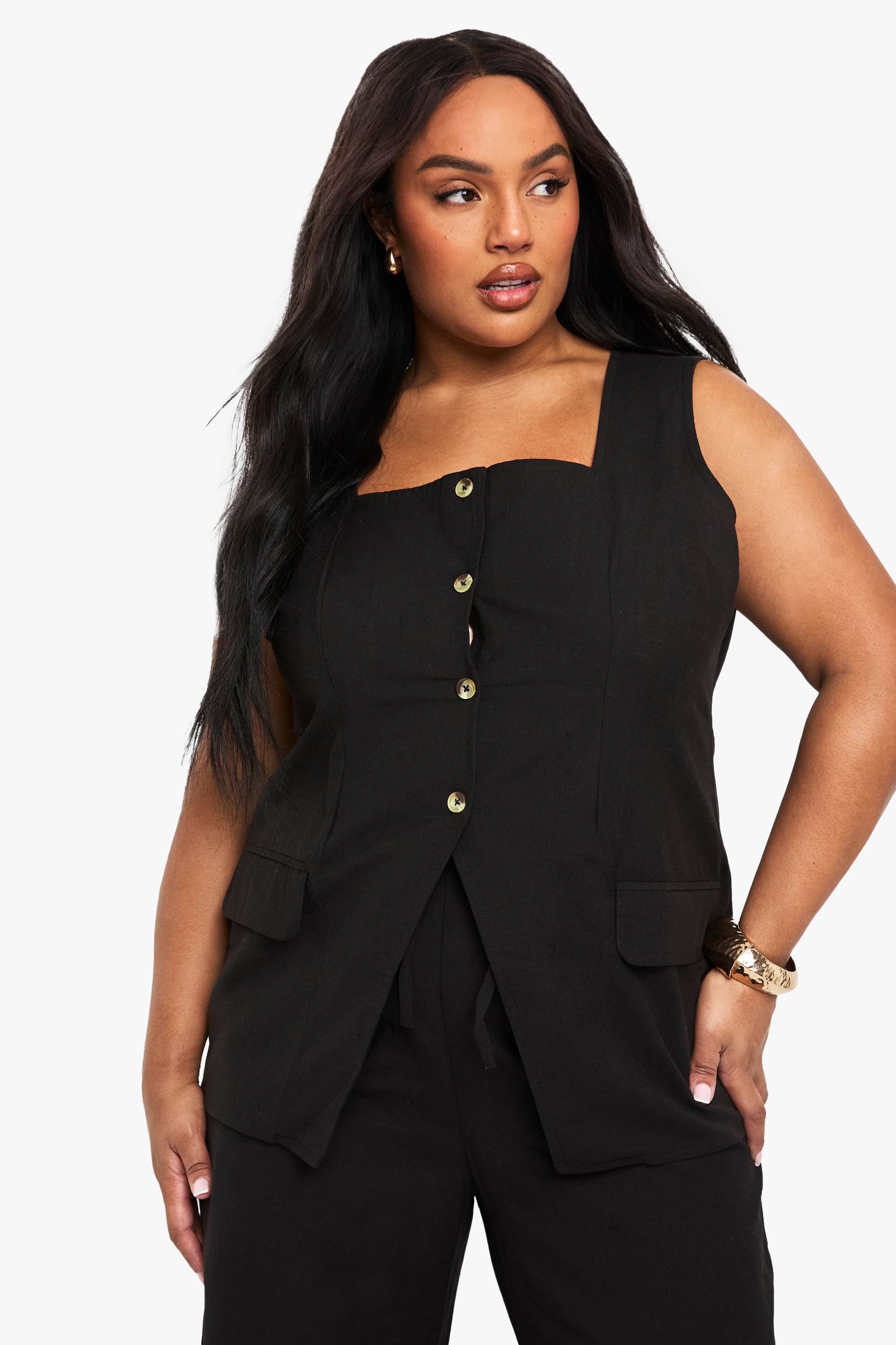 boohoo Ensemble coordonné effet lin : gilet à col carré et pantalon large sur mesure