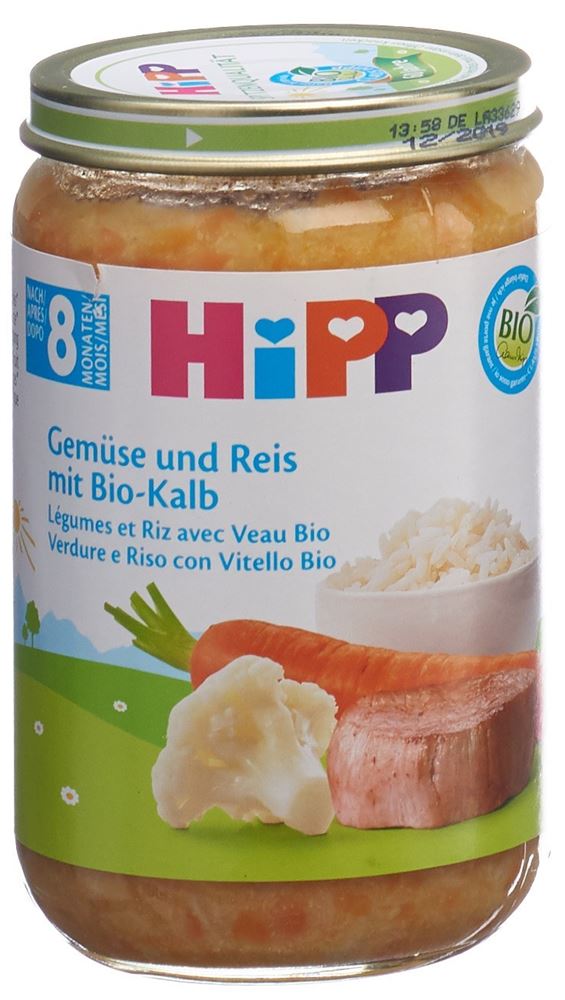 Hipp Gemüse u Reis mit Kalbfleisch 8M Bio Glas 220 g