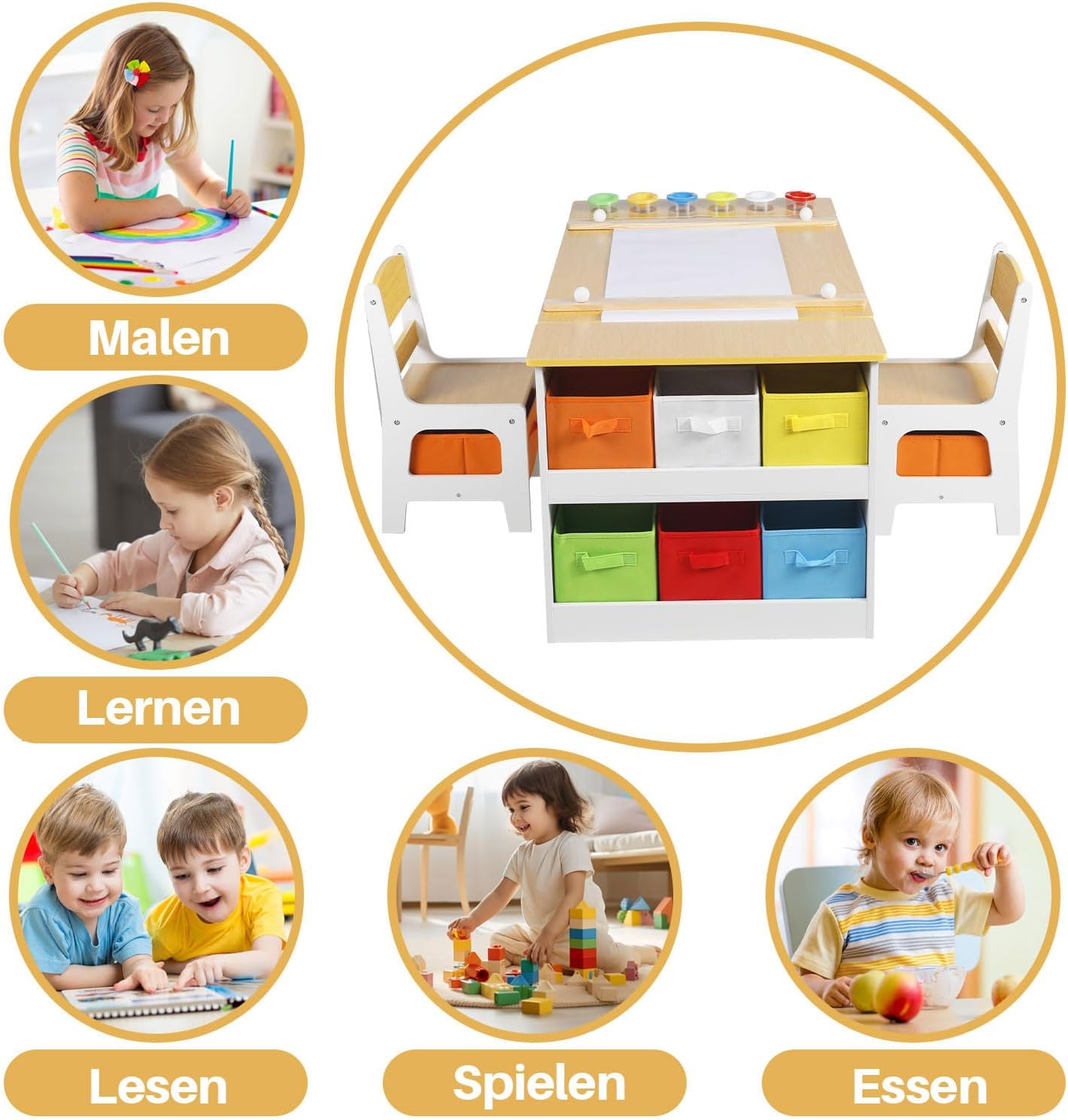 GRAVFORCE Kindertisch mit 2 Stühlen Maltisch & Basteltisch Kinder mit anhebbarer Tischplatte Spieltisch Kinderzimmer mit Stauraum Farbbechern 8 Stoffbehältern für Kinder ab 3 Jahren (Natural)