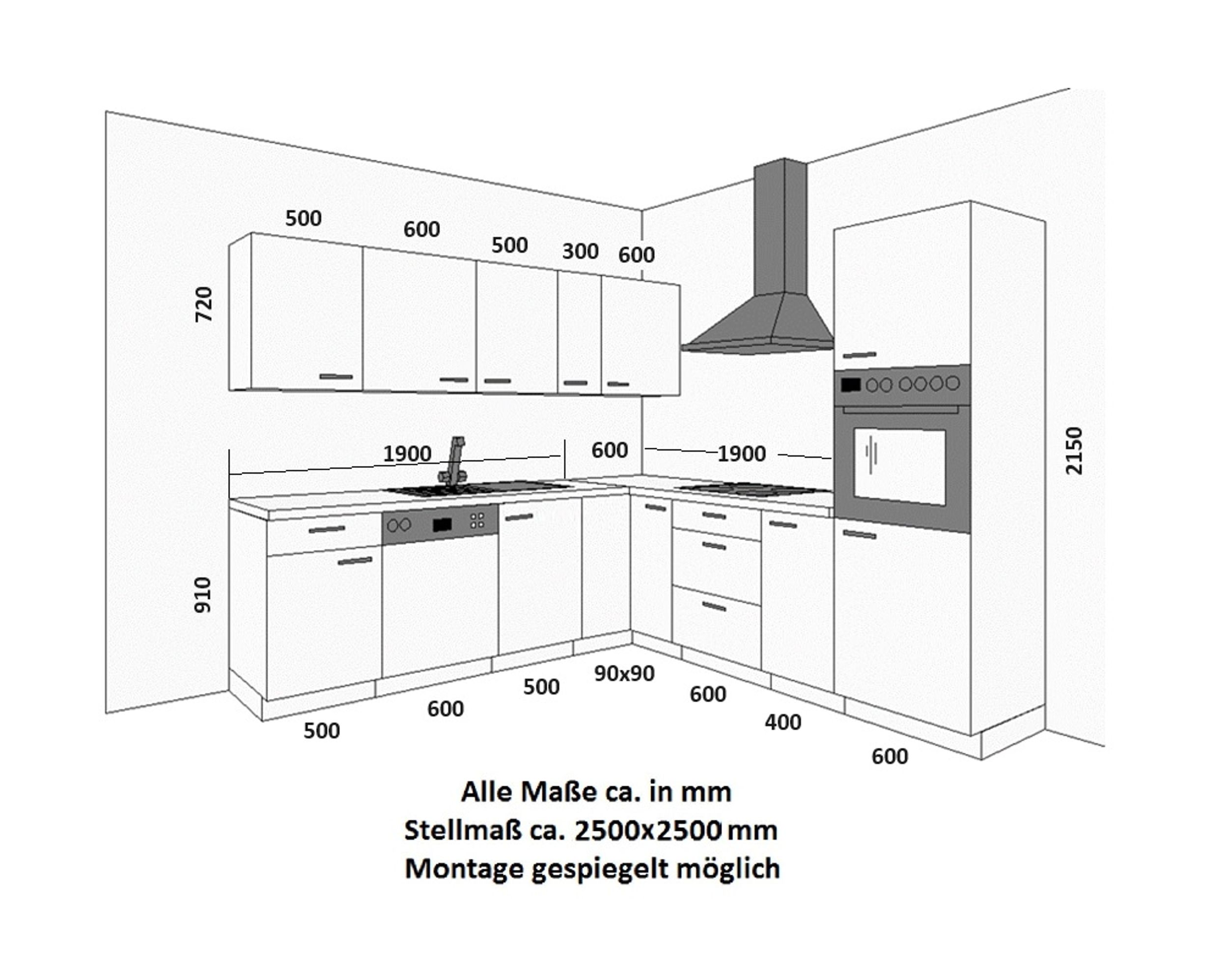 Winkelküche SCANDI + NESSA 250x250 Fischgrät Optik Küchenzeile Einbauküche Küche