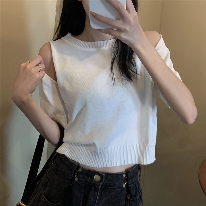 Shinsei - Kort mouwloos, schouderloos, effen gebreide crop top