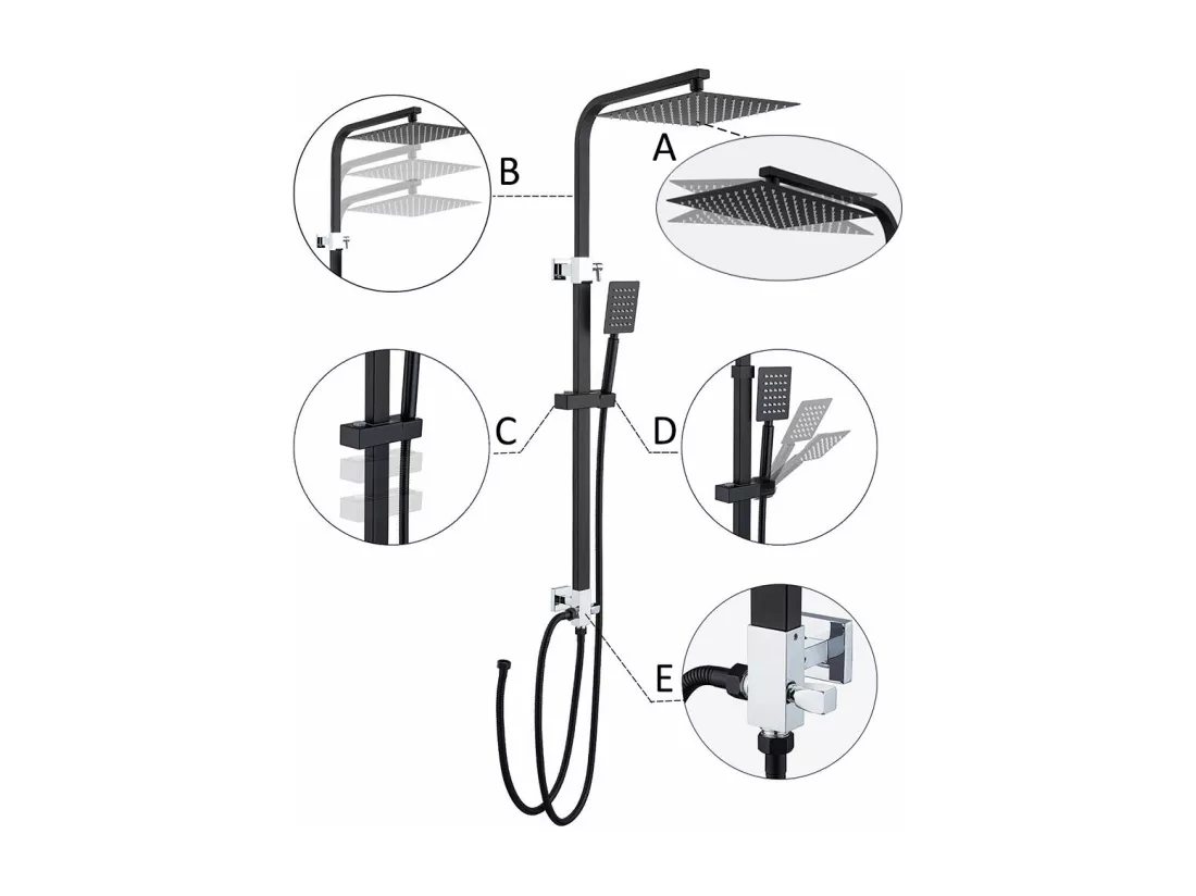 Colonne Douche Noir Sans Mitigeur Système Douche avec Douchette à Main/Tête Douche Carré 10 Pouces/Hauteur Réglable 690-1130 mm Salle Bain,EU Modèle