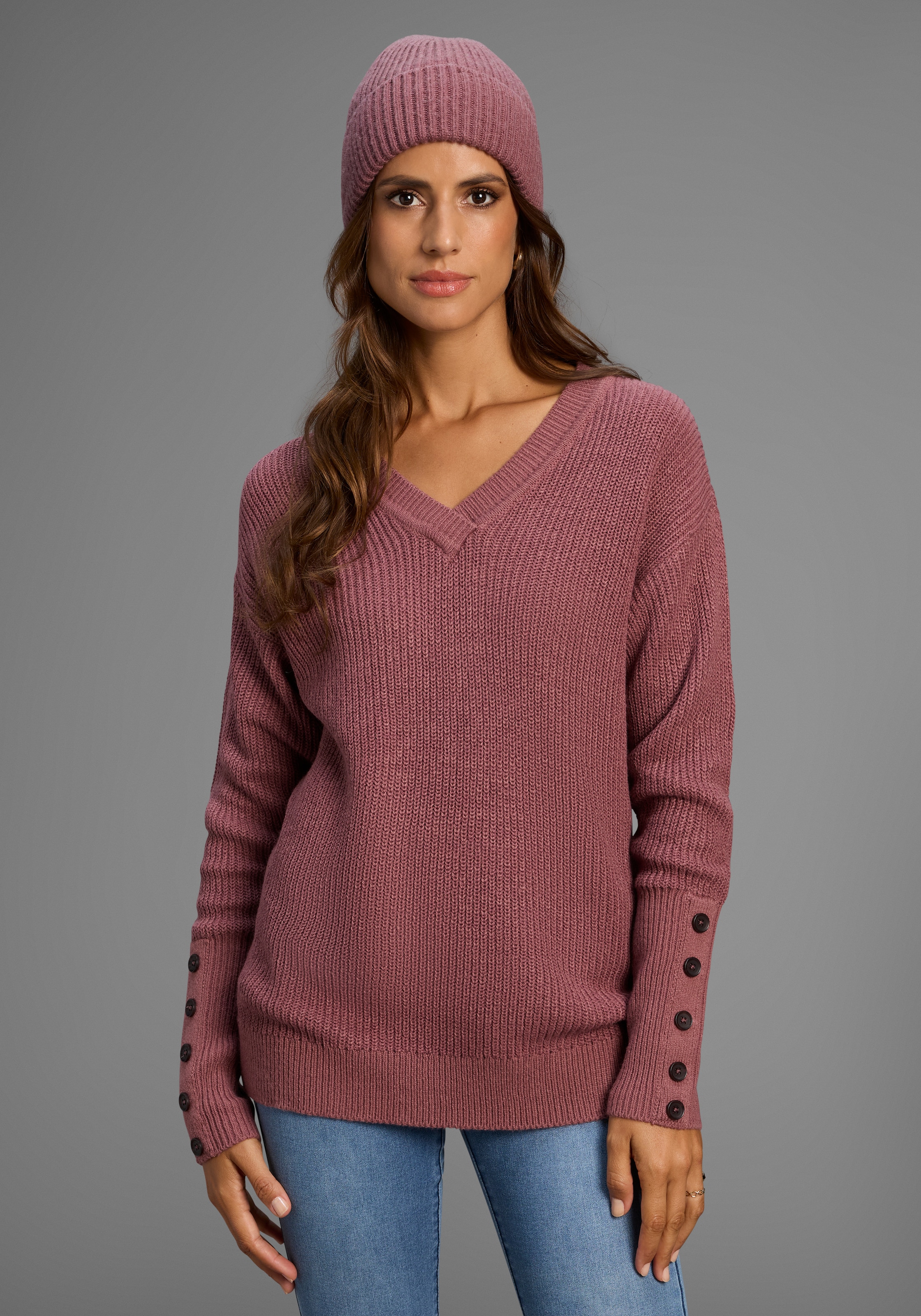 Laura Scott V-Ausschnitt-Pullover Übergangspullover aus Baumwolle mit Knopfleiste - NEUE KOLLEKTION