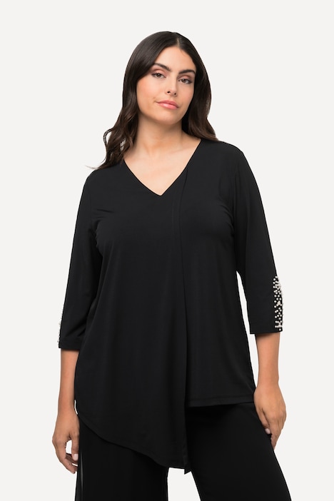 Bluse, Zierfalte, Perlen, A-Linie, V-Ausschnitt, 3/4-Arm