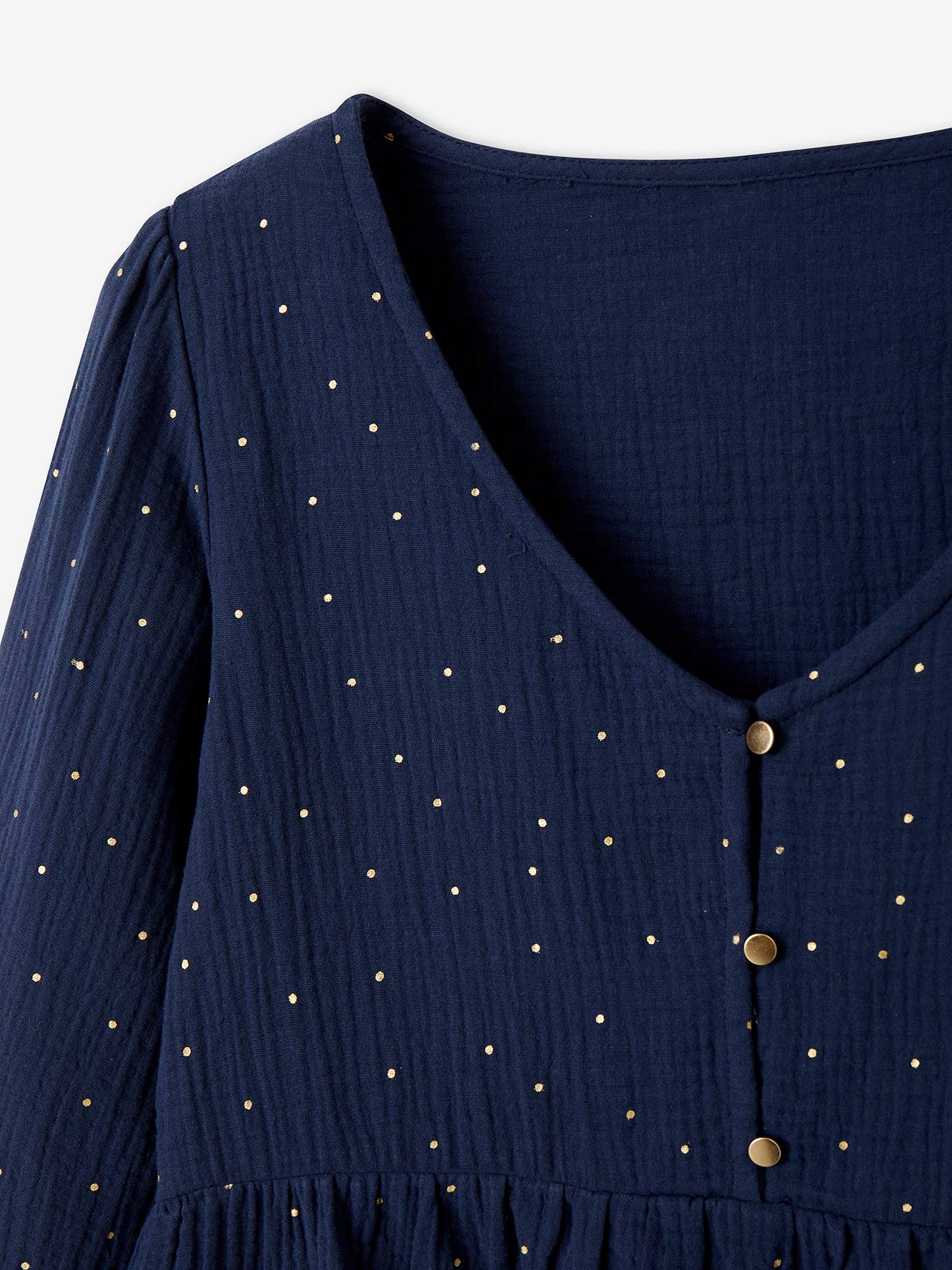 Blusa de maternidade e amamentação em chiffon de algodão azul liso e resistente