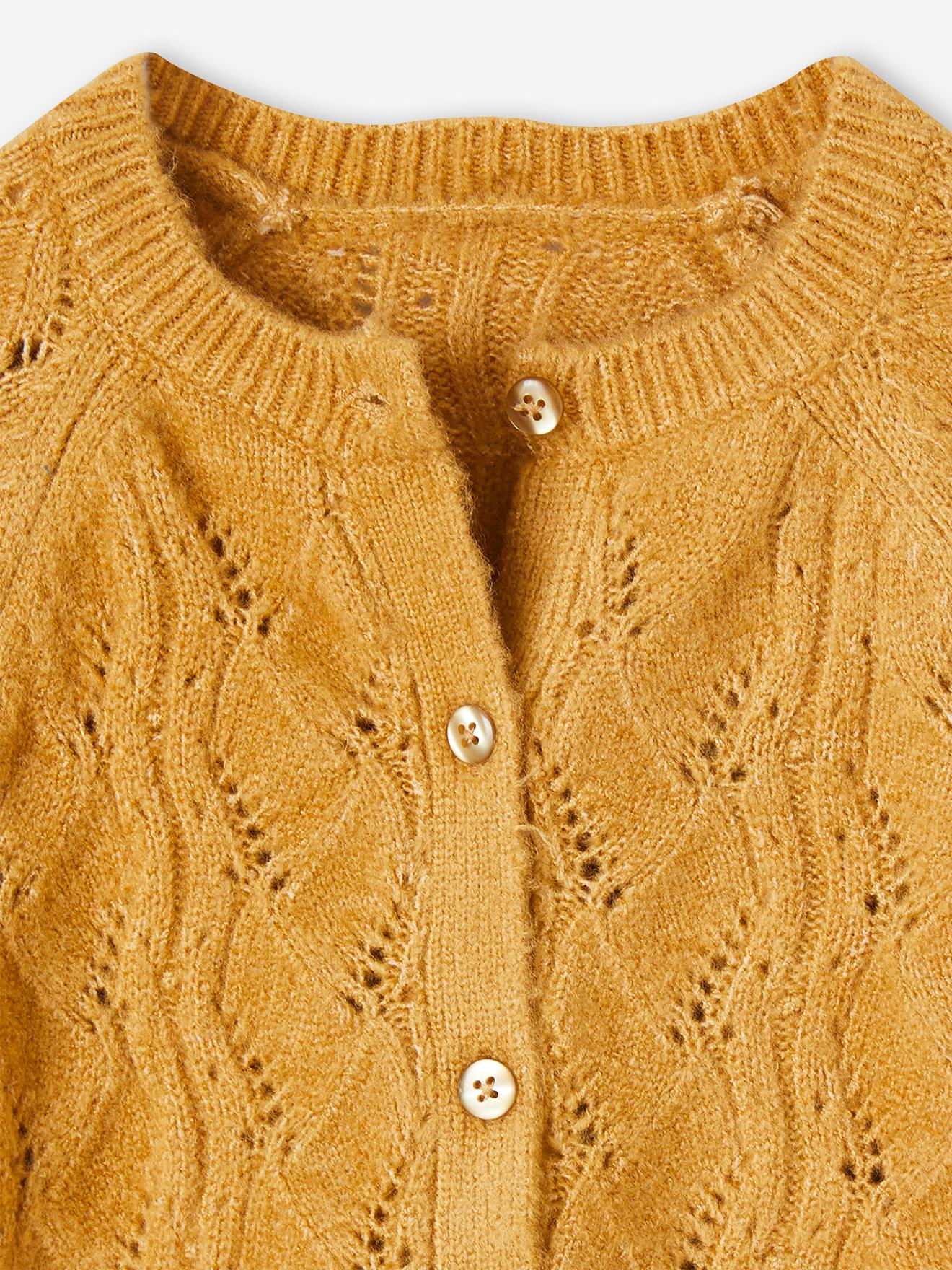 Casaco de malha vazada elegante para meninas, mostarda.