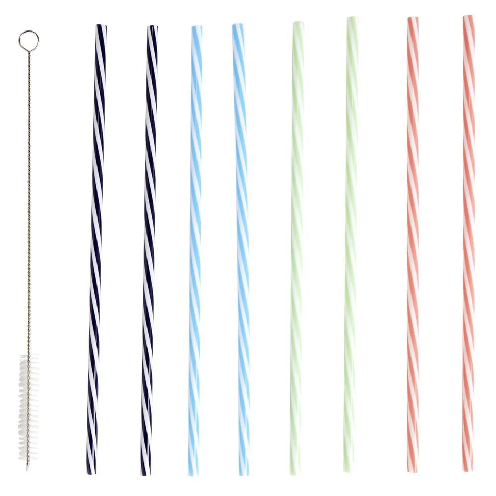 Paille plastique coloré motif spirale x8 avec goupillon - Ø0,5 x H28cm