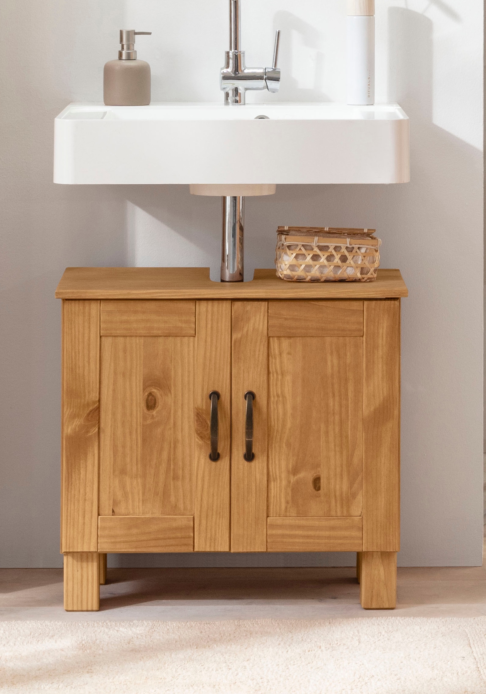 Home affaire Waschbeckenunterschrank »Rodby« FSC®-zertifiziertes Massivholz, Griffe Metall, Breite 60cm, Höhe 55cm