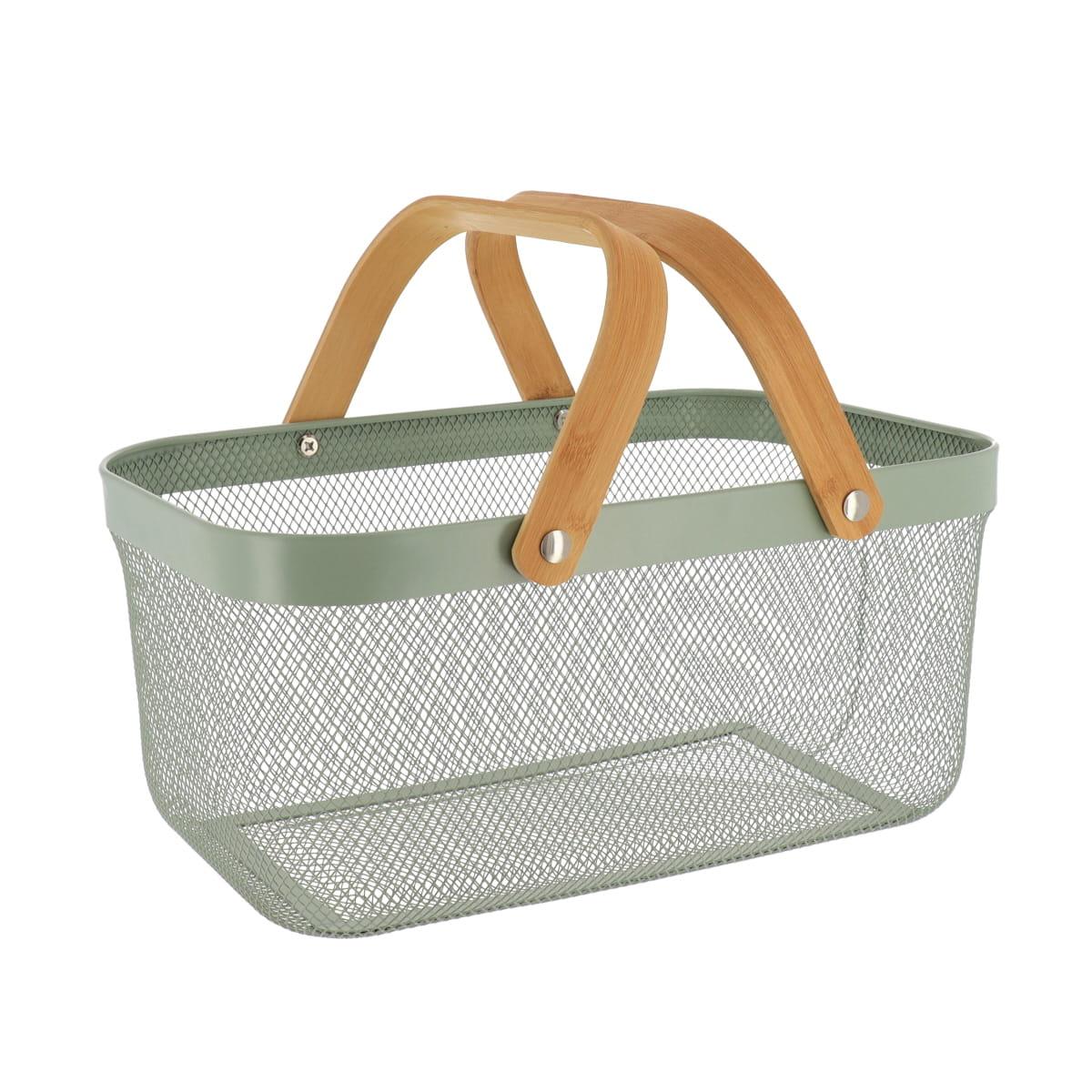 PANIER DE RANGEMENT RECTANGLE METAL POIGNEES BAMBOU KAKI