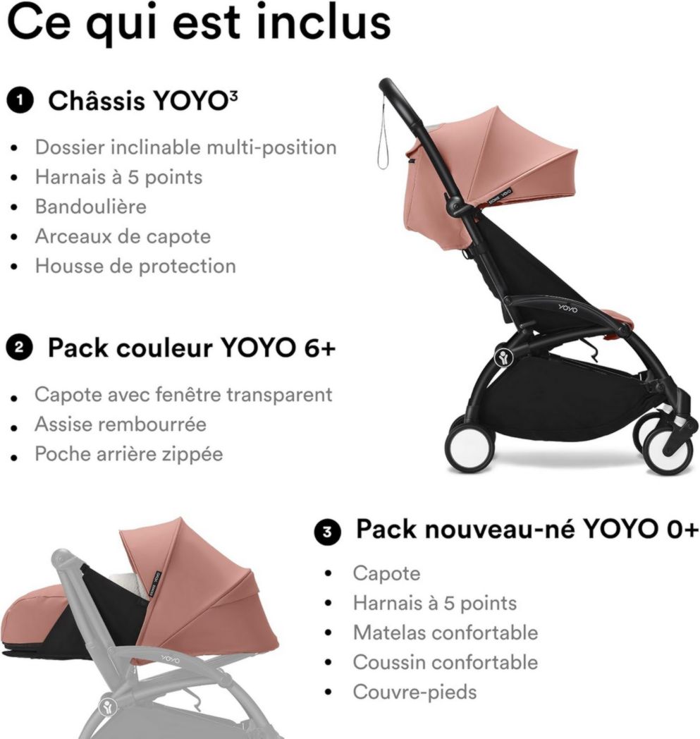 Poussette Stokke YOYO3 avec pack nouveau-né et pack couleur 6+ - Comprend un cadre noir, un pack couleur YOYO 6+ (gingembre) et un pack nouveau-né 0+ (gingembre)