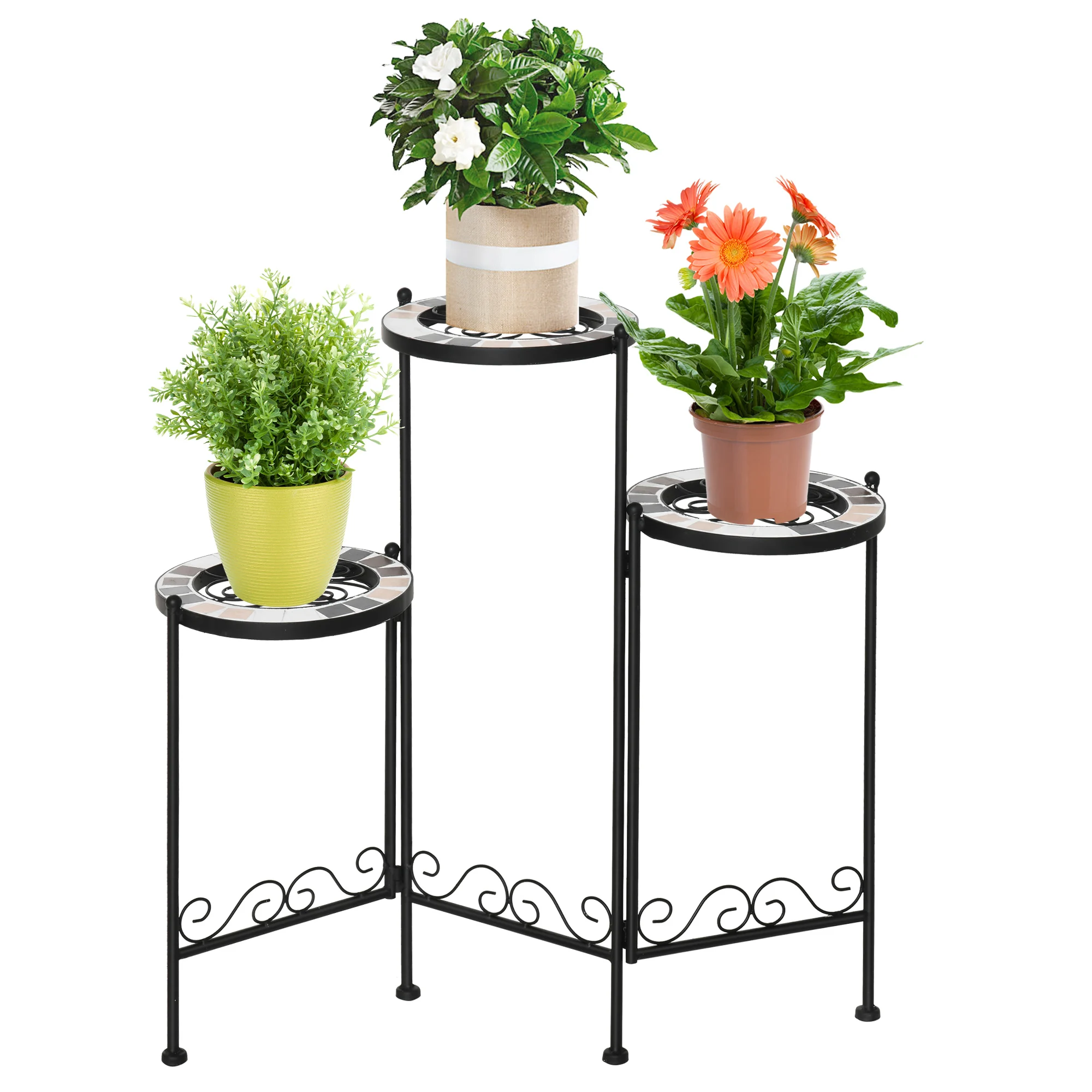 Suporte de metal para plantas Outsunny, dobrável, com 3 prateleiras e bordas revestidas em azulejo, ideal para decoração de interiores e exteriores, 60x22x65 cm, preto.