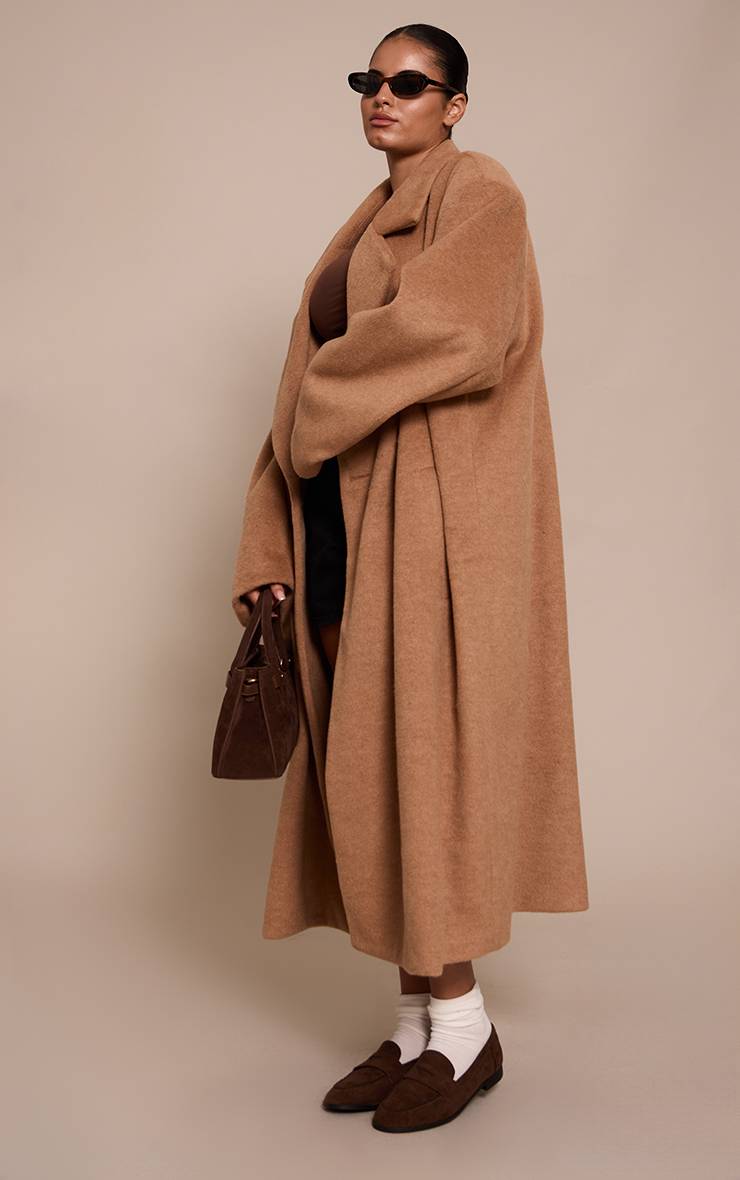 Marron Manteau Maxi En Laine Brossée Grande Taille