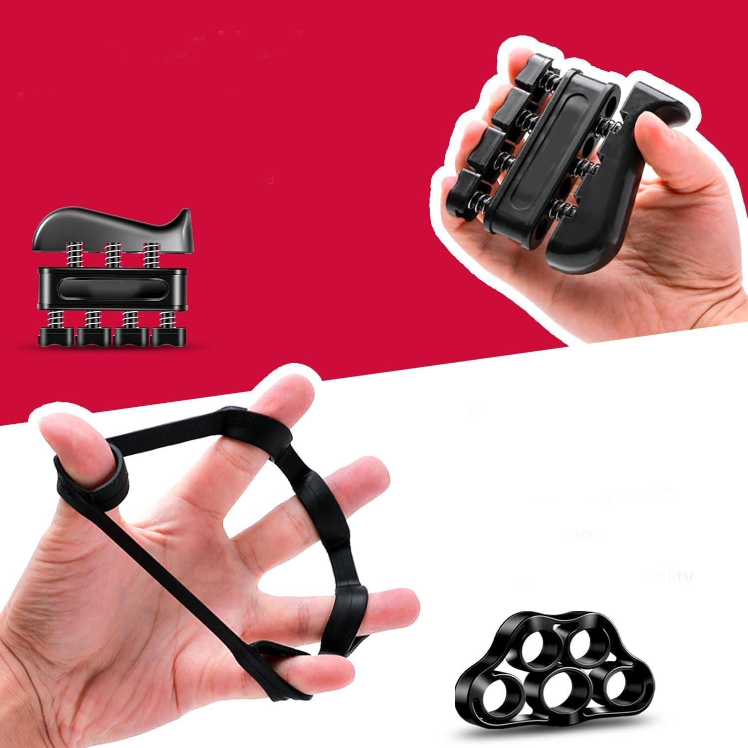 (5-tlg. Set) Handmuskeltrainer Gripster Kit mit Finger Trainingsband / Silikon Griffring / Griffball - Schwarz