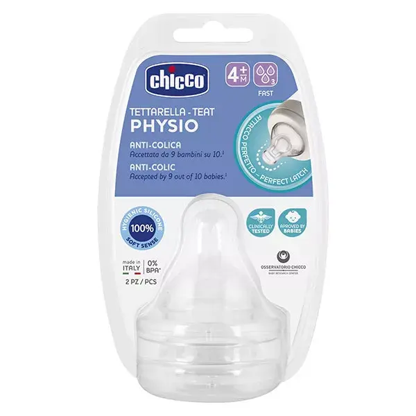 Acessórios para mamadeira Chicco: Bico fisiológico anticólica de fluxo rápido +4 meses, pacote com 2 unidades