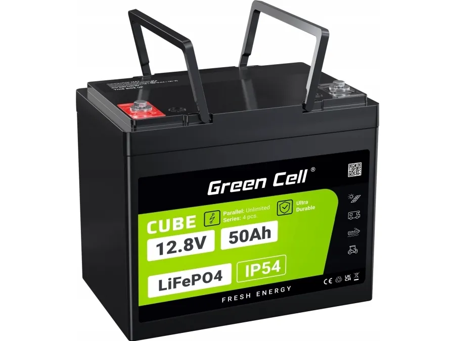 Green Cell LFPGC12V50AH, Lithium jern fosfat (LiFePO4), 12 V, Sort, Grøn, 50 At, 640 Wh, 75 A