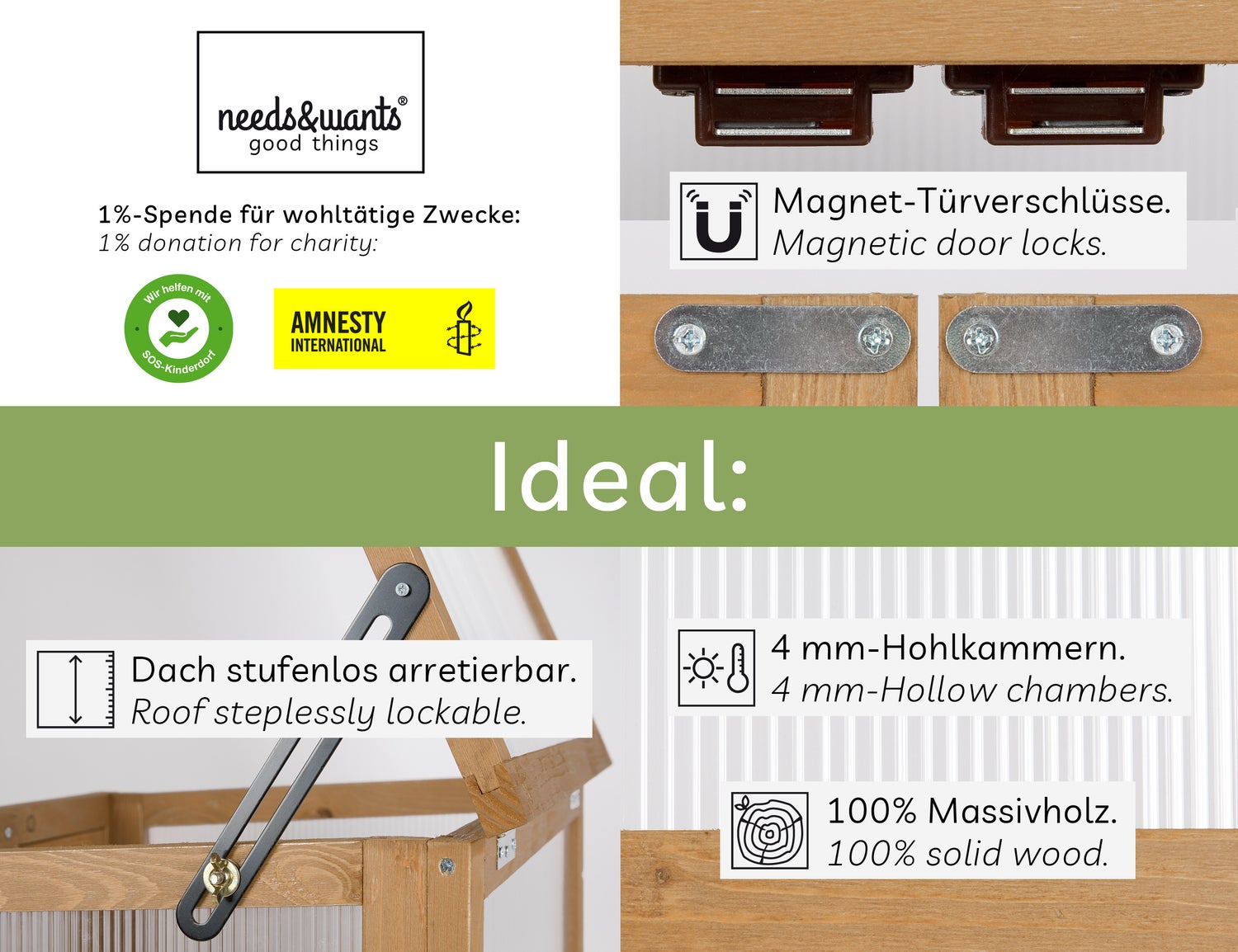 needs&wants® Minikas, klein, wintervast, van hout voor balkon, tuin, binnengebruik, kweekbak, verhoogd bed, plantenkast, propagatiehuis, polycarbonaat