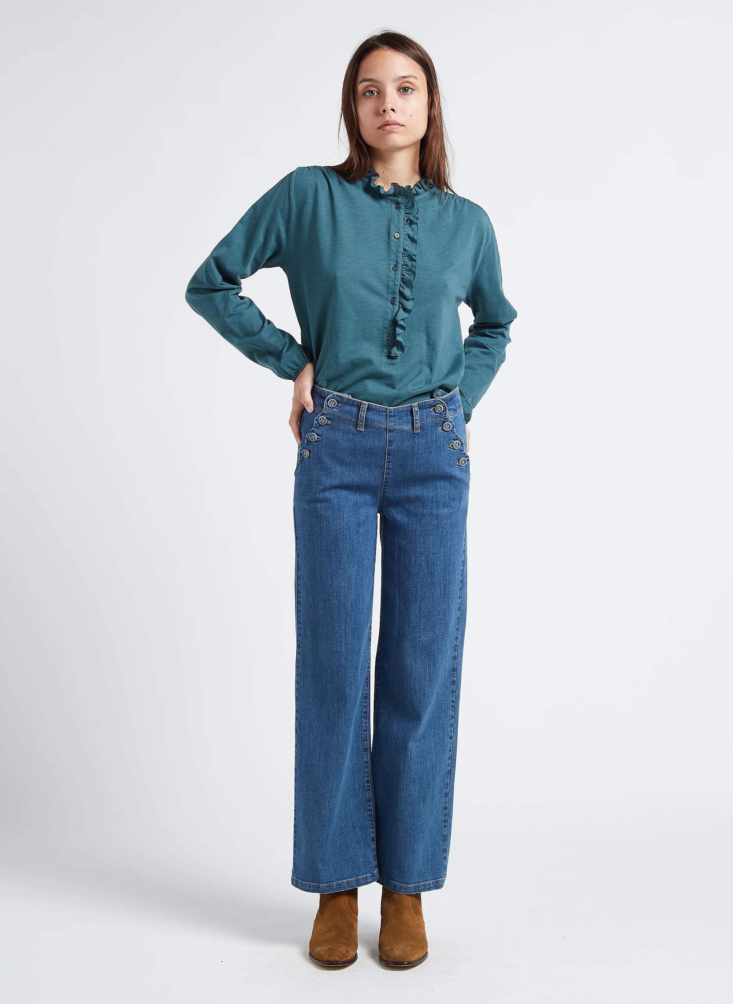 Pantalon droit aspect jean en coton biologique mélangé| Jean Stone
