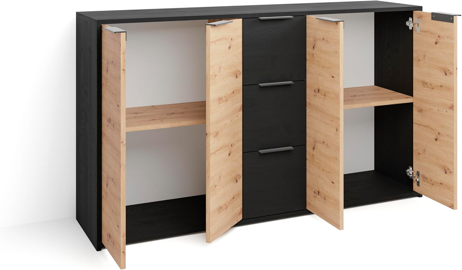 byLIVING Sideboard Rimini/Melamin Eiche schwarz und Artisan Eiche / 4 Türen/B 139, H 80, T 39 cm