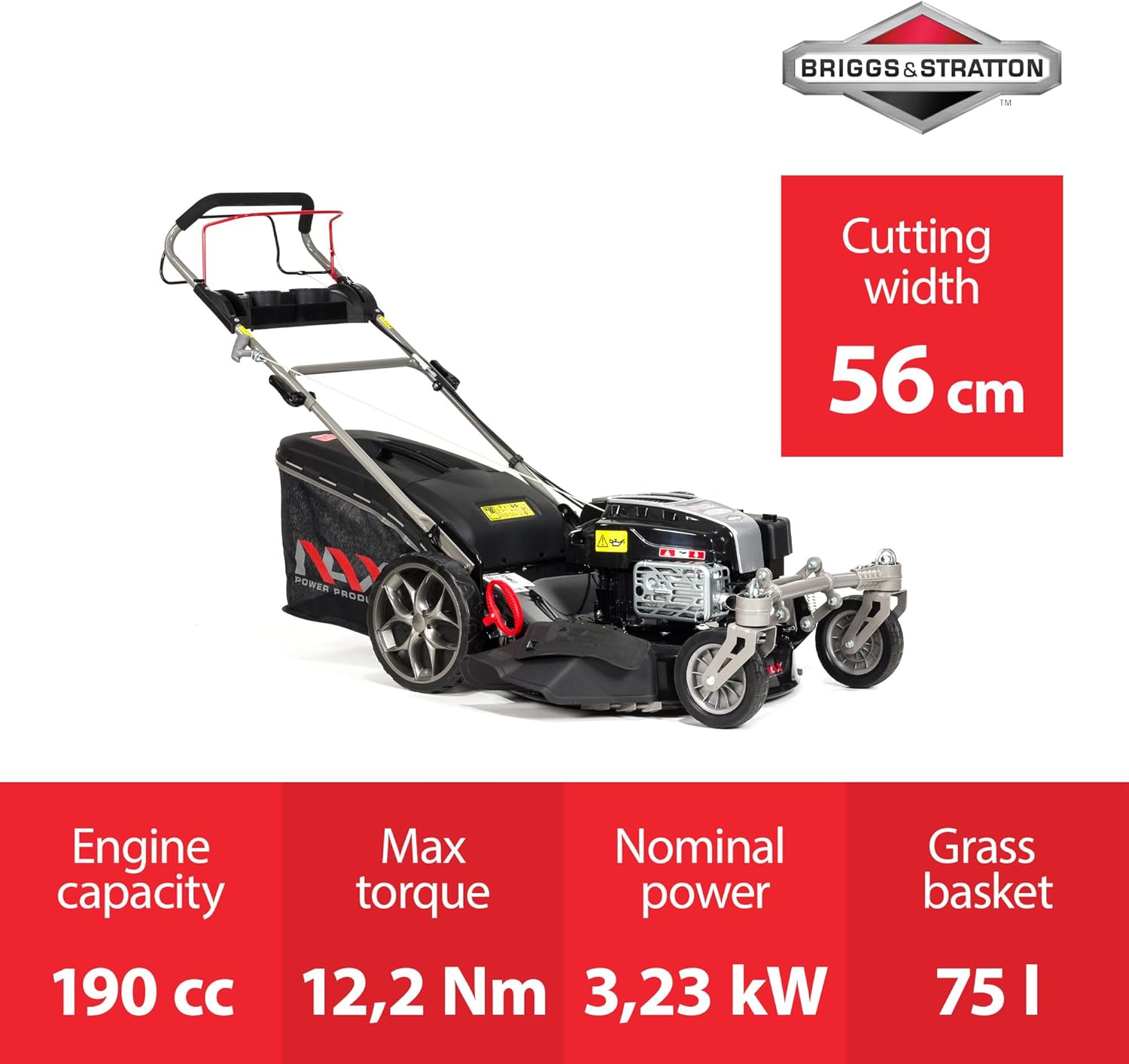NAX POWER PRODUCTS Briggs & Stratton 5000S Moteur 875Exi Série 190 cm3 ReadyStart Largeur de coupe 56 cm Panier 75L Roues pivotantes avant Tondeuse à gazon à traction à essence