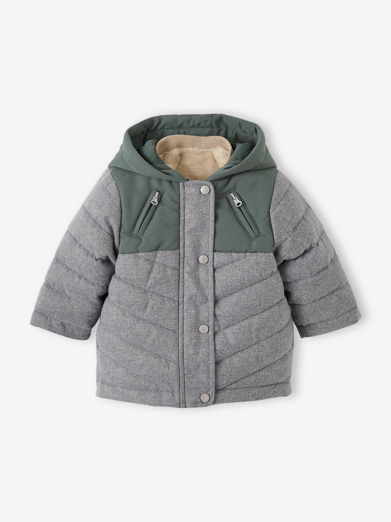 Parka 3 em 1 para bebê menino com jaqueta removível de malha azul-escura lisa.