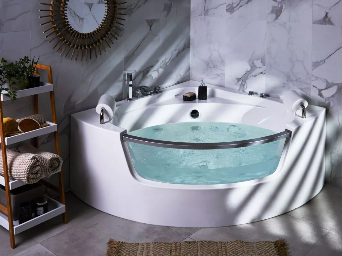 Baignoire d'angle blanche 201 x 150 cm avec LED MANGLE
