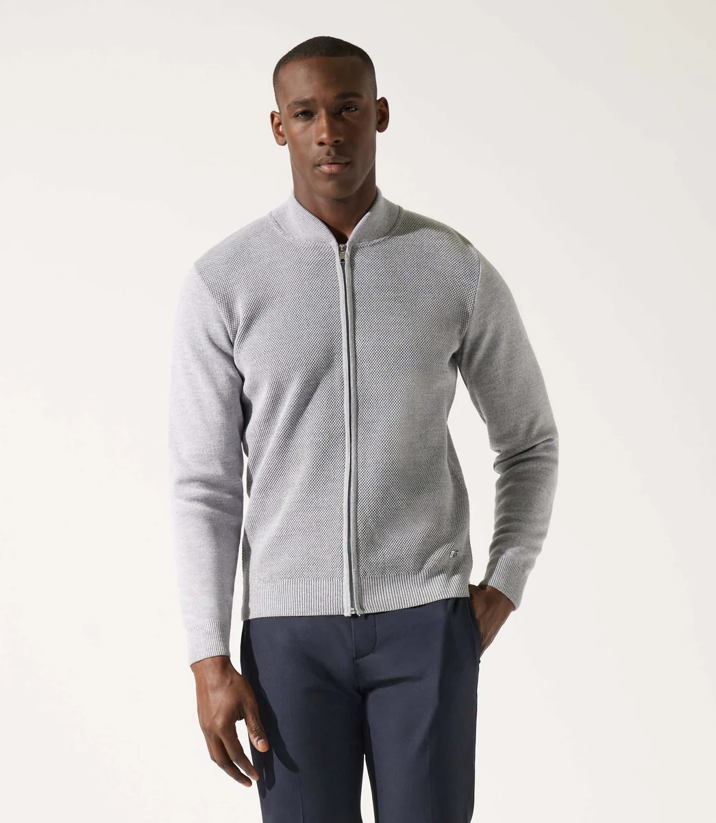 Gilet zippé jeux de point gris chiné en mérinos
