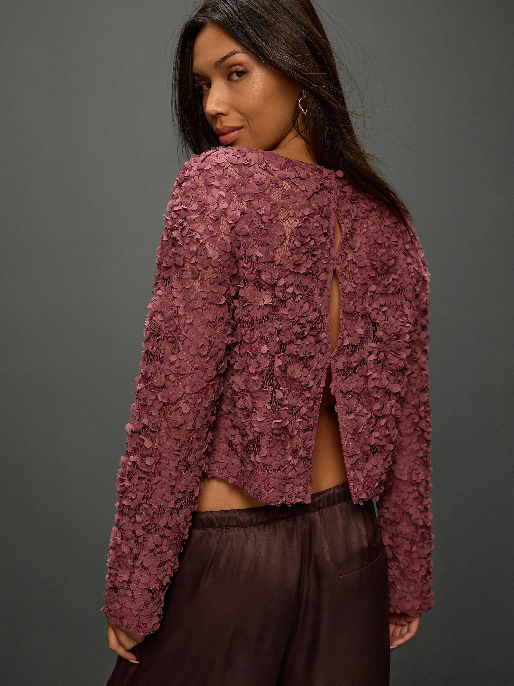 Mauve-paars - 3D Floral Long Sleeve Crew Neck Top