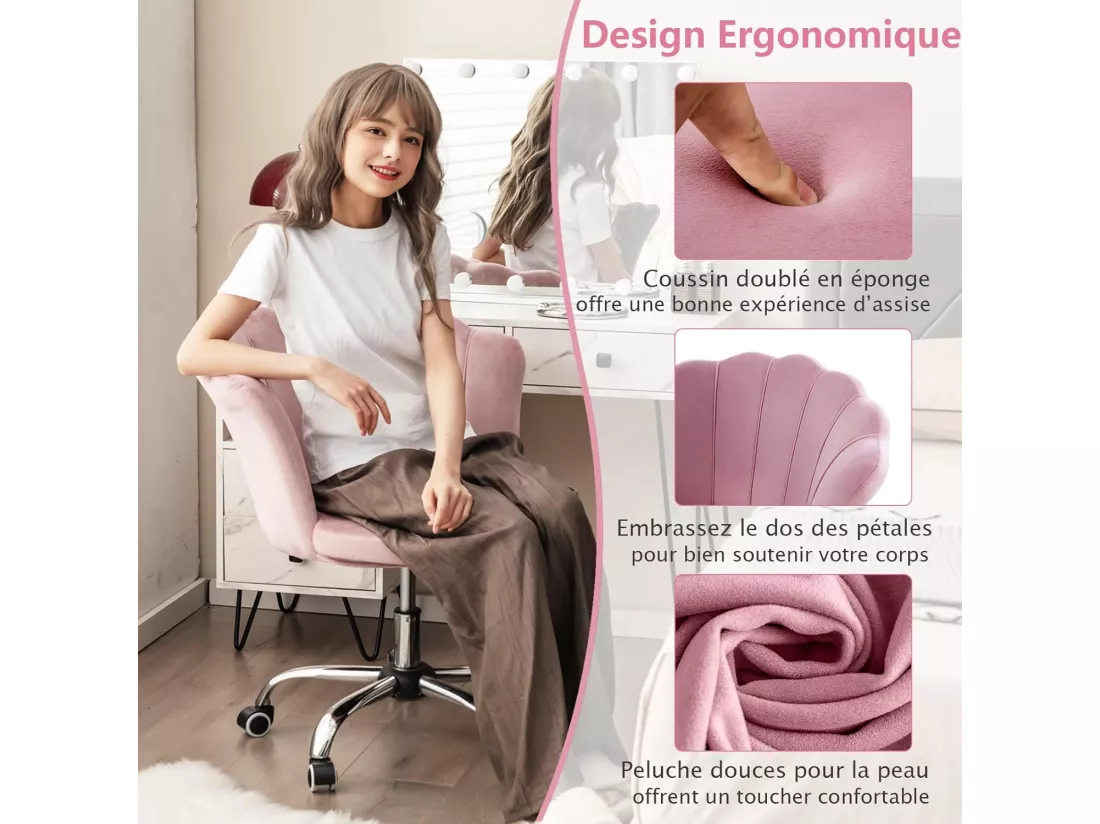 Fauteuil de Bureau en Velours avec 5 Roues Universelles, Chaise de Coiffeuse avec Hauteur Réglable, Chaise Salon Rembourrée Pivotante, Forme de Coquillage, pour Salon, Chambre, Bureau (Rose)