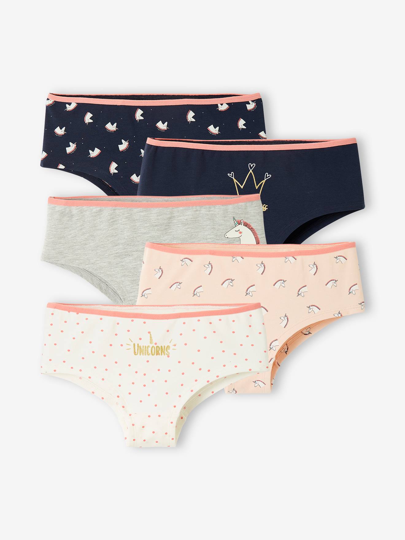 Pacote com 5 shorts de unicórnio para meninas, estampa rosa claro.