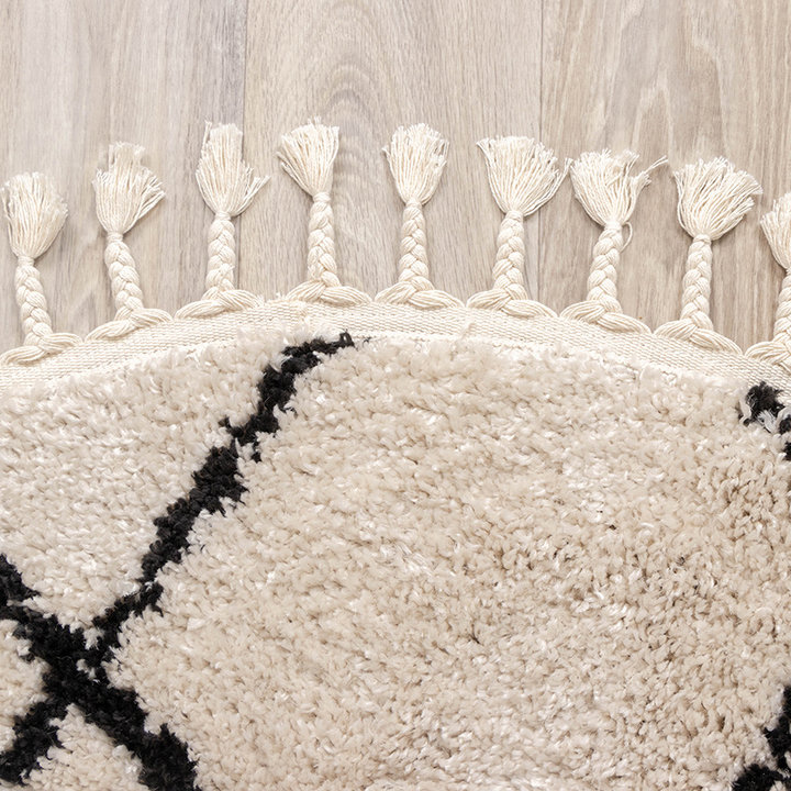 Rond hoogpolig vloerkleed - Grand Lines Weave Creme/Zwart