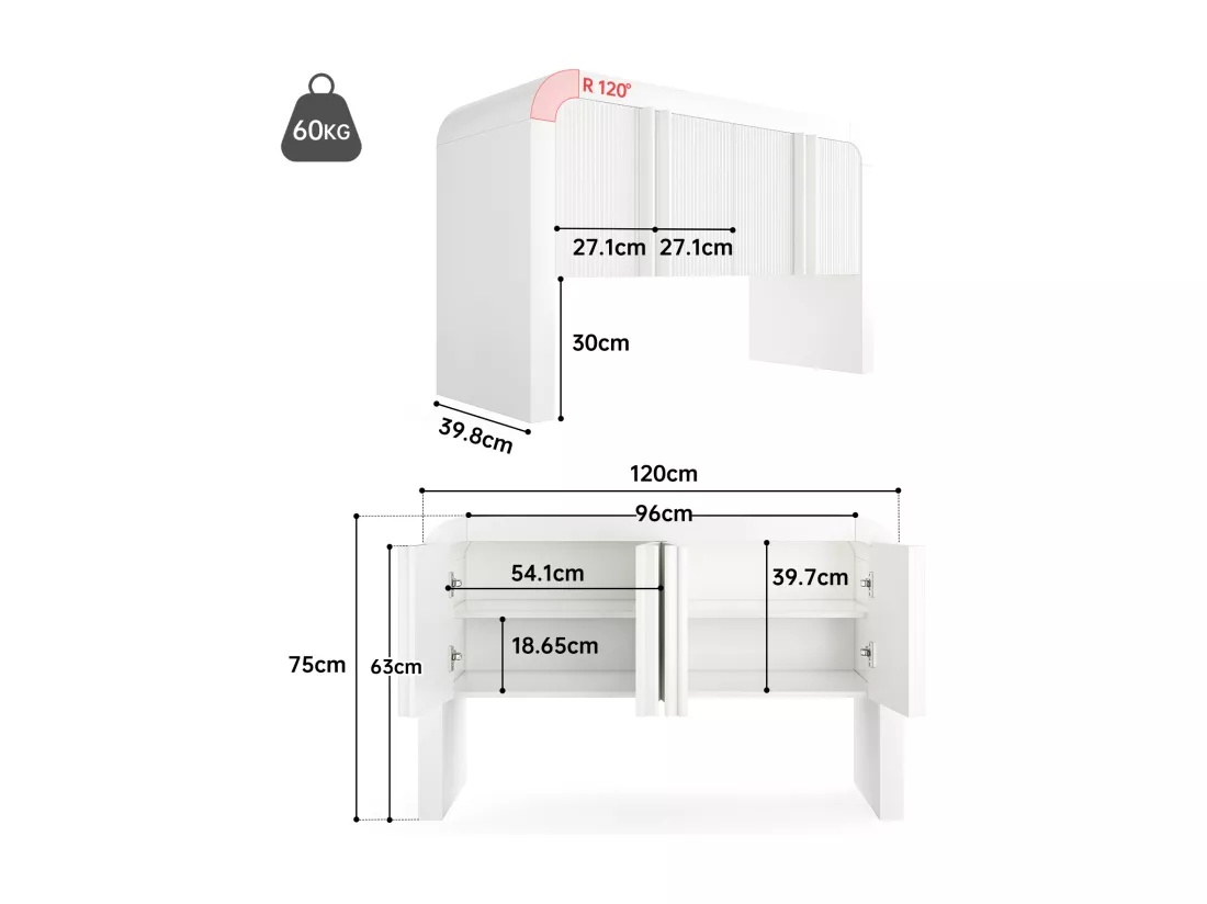 Buffet avec 4 portes magnétiques - 120 x 39.8 x 75 - Bois MDF - pour cuisine, salle à manger, salon - Blanc