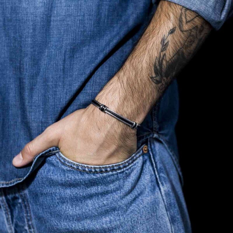Bracelet Homme triple cable acier Bicolore Noir et Gris 