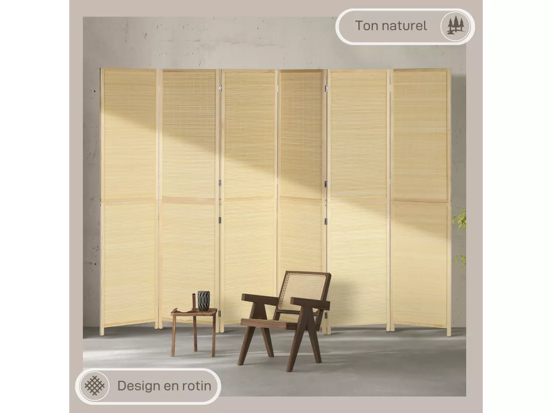 Paravent séparateur de pièce 6 panneaux pliables dim. 270L x 180H cm bois de bambou