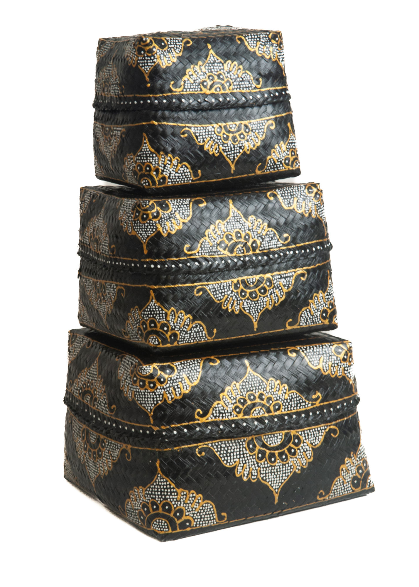 Dozen/Manden bamboe zwart/goud/wit - set van 3 Set Bamboe Offer Dozen / Manden zwart/goud/wit